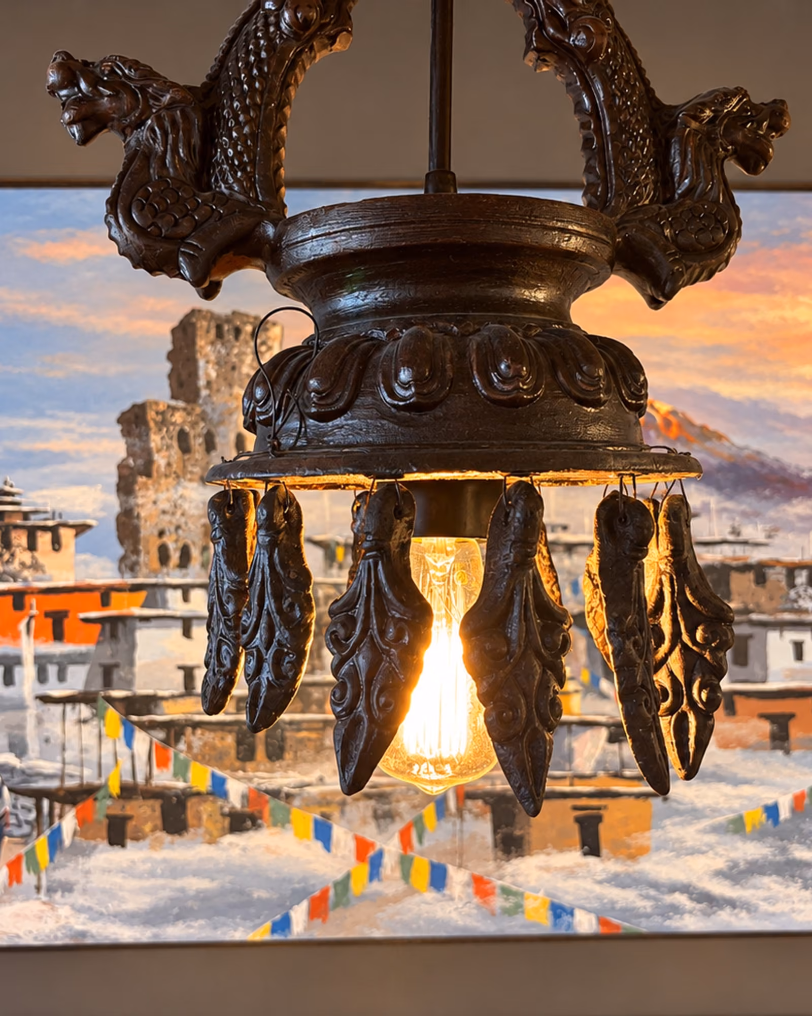 A warm corner of our dining room, decorated with Himalayan mountains